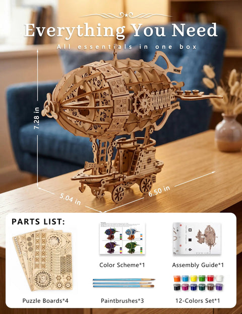 3D Wooden Steampunk Airship Puzzle Kit For Adults, Epic 160 Precision Cut Pieces on display with paint and assembly items