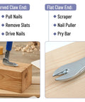 Cat's Paw Nail Puller Tool 10-Inch With Forged Steel Construction And No-Slip Cushion Grip showing curved and flat claw ends on wood