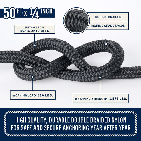 Double Braided Nylon Boat Anchor Rope 50 Ft By One Quarter Inch With marine grade nylon for small boats up to 18 feet