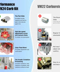 Comparison of PWK24 Carb Kit vs. VM22 Carburetor showing features and benefits for go-karts and mini bikes