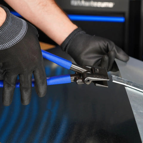 Sheet Metal Seamer Tong 3 Inch Straight Bender For DIY And Pros in use by person wearing gloves on sheet metal.