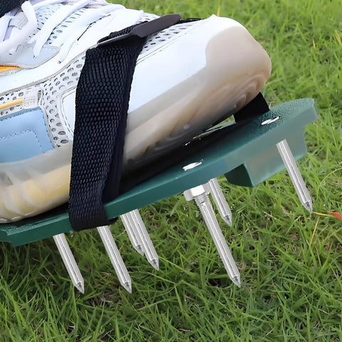 Person using 30 Piece Lawn Aerator Shoes Spikes Set For Lawn Care And Yard Maintenance, Replacement Garden Shoe Spikes For Deep Soil Aeration