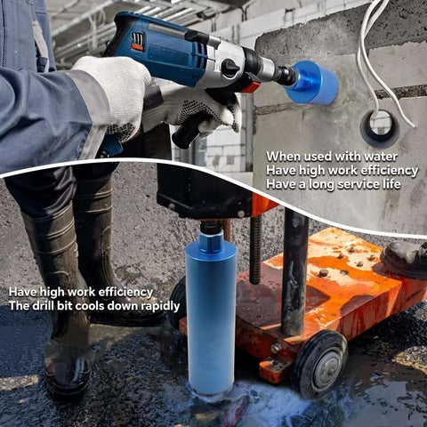 HBKEEN 3-inch wet diamond core drill bit for concrete, blue core bit mounted on handheld drill with water cooling