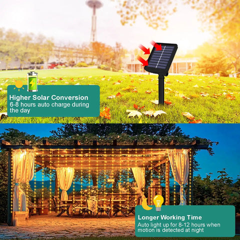 Solar Curtain Lights 7.9 Feet By 6 Feet With 144 LEDs Outdoor Waterproof Fairy String Lights illuminating a gazebo