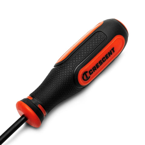 Close-up of a Crescent screwdriver handle from Diamond Tip Dual Material Screwdriver Set With Phillips And Slotted Drivers 8 Piece Pro Grade Hand Tools With Tri Lobe Handles For Comfort Precision Machined Tips Diamond Coated Tips For 4X Grip And Reduced Cam Out