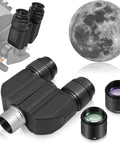Stereo Binocular Viewer for Telescopes With 1.85x and 3x Barlow, Two 32mm Eyepieces, moon illustration, telescope adapter