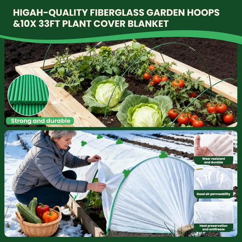 10x33Ft Plant Covers Freeze Protection Kit With Garden Hoops And Clips For Winter Frost Protection Of Vegetables Crops Raised Beds Fruit Trees And Greenhouses Reusable Snow Shield For Outdoor Gardens Tough As Nails All Season Protection