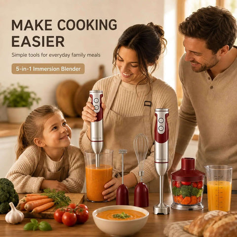 Kickass Immersion Hand Blender With Five Multifunction Attachments And Twelve Variable Speed Settings Whips Up Soups Purees And Smoothies Effortlessly in a kitchen scene.