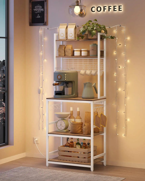 Multifunctional Bakers Rack With Built In Power Strip Microwave Stand And Coffee Station Setup Is A Straight Up Game Changer For Compact Living And Smart Kitchen Organization