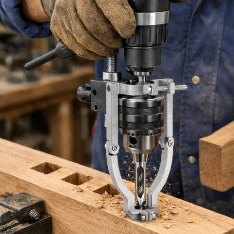 Square Hole Drill Bit Adapter For Drill Press Or Hand Drill, Pro Grade Heavy Duty Dual Use Mortising Attachment in use