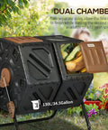 Dual Chamber Compost Tumbler Bin With Rotating Design For Faster All Year Round Composting, 24 Ventilation Openings And Sturdy Steel Legs, Outdoor Tumbling Composter For Rich Nutritious Soil In No Time showing 34.5-gallon capacity and steel legs in garden setting.