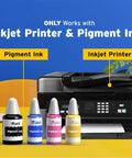 Inkjet printer with four pigment ink bottles, showing compatibility with white inkjet water slide paper for DIY transfers, 20 A4 sheets.