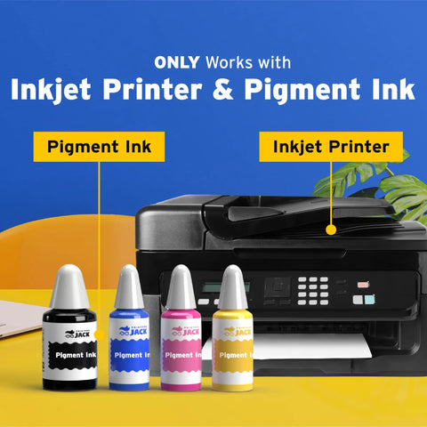 Inkjet printer with four pigment ink bottles, showing compatibility with white inkjet water slide paper for DIY transfers, 20 A4 sheets.