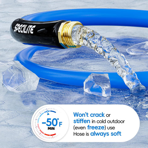 SPECILITE blue garden hose with brass fittings, side view