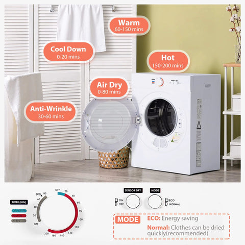 Compact white 1.8 cu ft portable front-load clothes dryer with exhaust duct