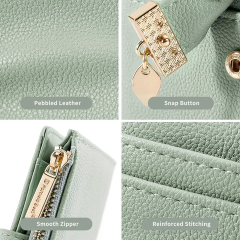 Ultra Slim Women Wallet With RFID Blocking Bifold Soft Leather Card Holder With ID Window Zipper Coin Pocket Seven Card Slots And Cash Pocket Minimalist Compact Design For Everyday Carry Green showing pebbled leather, snap button, smooth zipper, and reinforced stitching details.