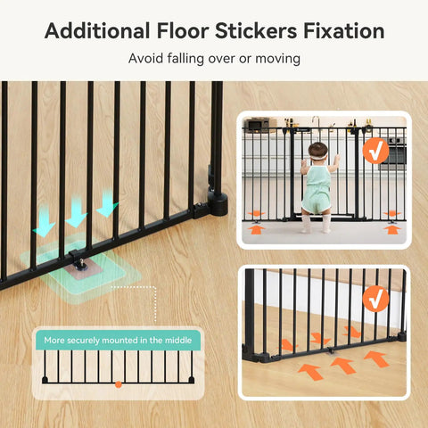 Extra Wide Baby And Dog Gate 80 Inch Adjustable Pet Safety Barrier For Angled Doorways Staircases Hallways 30 Tall with floor sticker fixation.