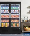 Heavy Duty Commercial Freezer Upright Two Door Glass Display Cold Storage 36 Cubic Feet filled with various frozen treats.