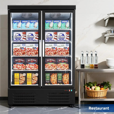 Heavy Duty Commercial Freezer Upright Two Door Glass Display Cold Storage 36 Cubic Feet filled with various frozen treats.