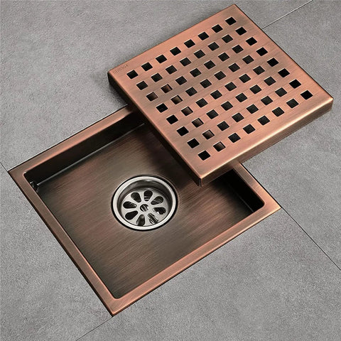 Heavy Duty Six Inch Square Shower Drain Crafted From Brushed Stainless Steel Featuring A Removable Hair Catcher Grate To Beat Clogs Keep Your Bathroom Floor Totally Legit Fresh And Look Damn Sick Daily, showing a close-up view with a removable grate.
