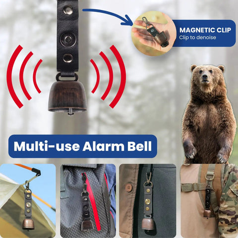 Multi-use alarm bell with magnetic clip, shown attached to various outdoor gear, including tents and backpacks, with bear in background