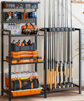 Freestanding Fishing Rod Rack With 3 Tier Shelves And Pegboard Basket Heavy Duty Pole Holders For Garage Holds Up To 12 Rods Scratch Resistant Slots Black displayed in a garage with fishing accessories and rods organized on it.