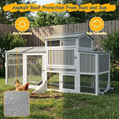 Wooden Chicken Coop on Wheels with Weatherproof Roof and Nesting Box in Backyard