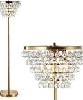 60 Inch Brass Gold Clear Chandelier Style LED Floor Lamp With Five-Tier Crystal Shade, modern standing light close-up