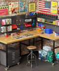 Garage setup with Beefy 60 Inch Heavy Duty Solid Wood Work Bench on Wheels, adjustable height, built-in power outlets, tools on a pegboard