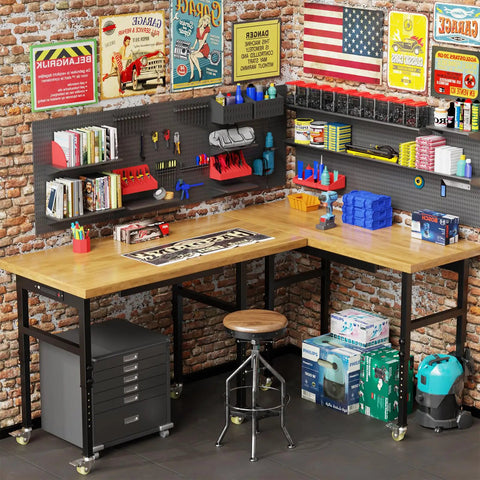 Garage setup with Beefy 60 Inch Heavy Duty Solid Wood Work Bench on Wheels, adjustable height, built-in power outlets, tools on a pegboard