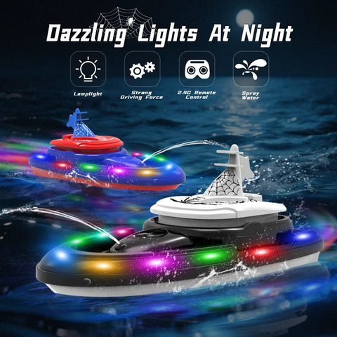 Spider Hero RC Battle Boat 2 Pack Set With Water Spray Dual Combat Modes LED Lights racing in water at night