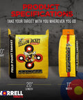 Two Pack Field Point Archery Bag Target With Dual Shooting Sides 10 Bullseyes Carry Handle Easy Arrow Retrieval 19 Pound Practice Target For Adults Durable Yellow Jacket Stinger Style Archery Target front and side view showing 20 inches height and 20 inches length with 11 inches width, featuring yellow and black design with a bee graphic and bulls-eye patterns, suitable for outdoor practice and training sessions.