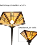 Close-up of Tiffany Style Floor Lamp with Mission Design Handcrafted Stained Glass Torchiere Lighting, LED bulb included.