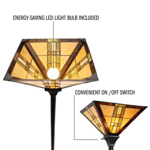 Close-up of Tiffany Style Floor Lamp with Mission Design Handcrafted Stained Glass Torchiere Lighting, LED bulb included.