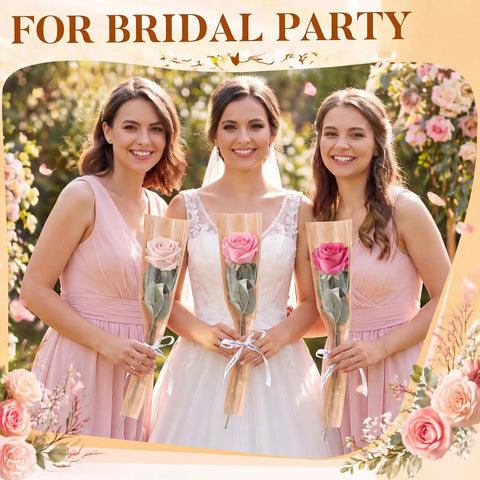 Bridal party holding roses in 150 Pack Rose Sleeve Bouquet Bags Kraft Paper Backed With Plastic Front For Easy Floral Wrapping