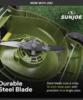 Cordless Electric Push Lawn Mower With 14 Inch Cutting Width, 28V 4Ah Battery, showing durable steel blade and 10.6 Gallon Grass Bag
