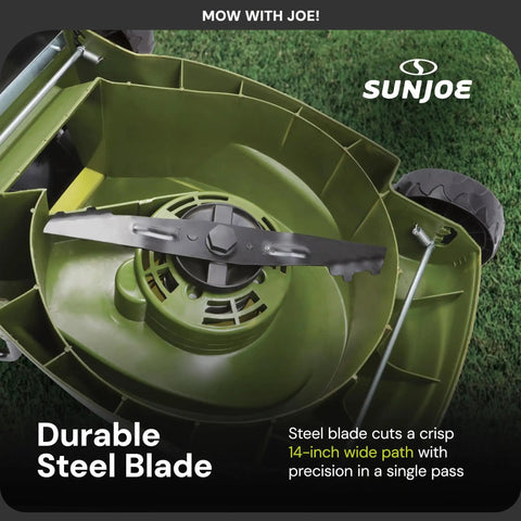 Cordless Electric Push Lawn Mower With 14 Inch Cutting Width, 28V 4Ah Battery, showing durable steel blade and 10.6 Gallon Grass Bag