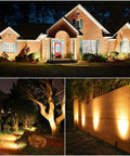 Four Pack Low Voltage Outdoor Uplights And Spotlights With Transformer And 75ft Cable, Waterproof Landscape Lighting For House Fence Trees And Flags, Warm White, Plug And Play, Out Of The Box Installation illuminating house exterior, trees, and fence at night
