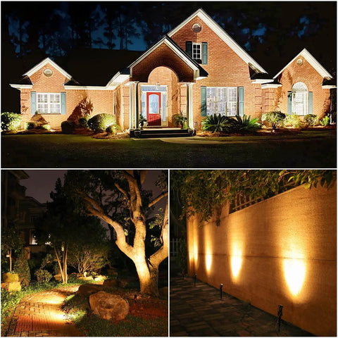 Four Pack Low Voltage Outdoor Uplights And Spotlights With Transformer And 75ft Cable, Waterproof Landscape Lighting For House Fence Trees And Flags, Warm White, Plug And Play, Out Of The Box Installation illuminating house exterior, trees, and fence at night