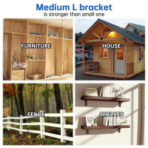 Beefy Galvanized L Brackets 1.5 By 3 By 3 Inch Eight Pack for Shelves and Furniture shown supporting furniture, house, fence, shelves.