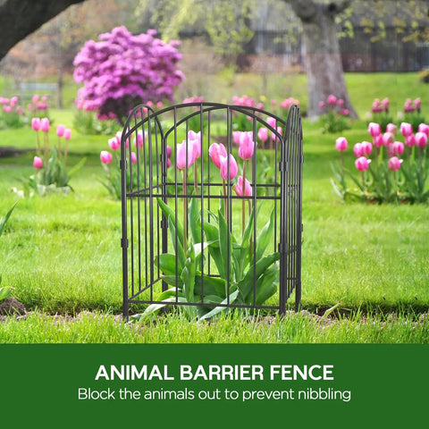 Garden Fence Set No Dig Rustproof Metal Panels, 10 Ft Long By 24 In High Black Fence Barrier in garden with flowers