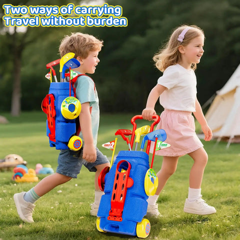 Kids carrying Kid Friendly Golf Set For Indoor And Outdoor Play Featuring 3 Adjustable Clubs, 8 Balls, and Mobile Golf Cart