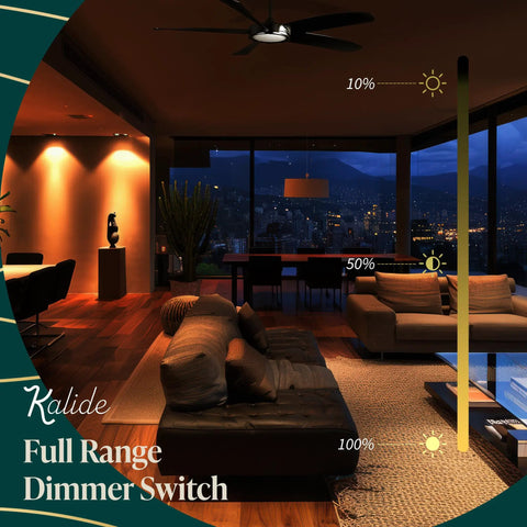 Stylish living room with ceiling fan and Combo Dimmer Switch With 3 Speed Fan Control And Light, showcasing dimmable lighting.