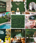 Collage of 24 Pack 20x20 Grass Wall Panels Artificial Boxwood For Greenery Wall Backdrop Indoor Outdoor Decor Garden Fence Privacy Screen Wedding Backdrop 66 Sq Ft Coverage images in various settings.