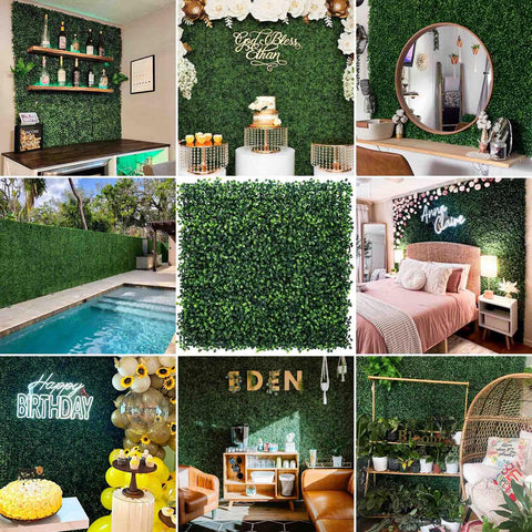 Collage of 24 Pack 20x20 Grass Wall Panels Artificial Boxwood For Greenery Wall Backdrop Indoor Outdoor Decor Garden Fence Privacy Screen Wedding Backdrop 66 Sq Ft Coverage images in various settings.