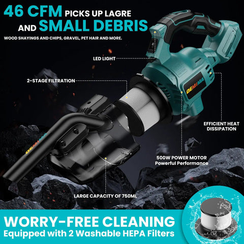 Cordless Handheld Vacuum Cleaner With 500W Motor, showing HEPA filter, 46 CFM suction power, ideal for floor and carpet cleaning