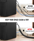 No Sweat 10 Foot 1/2 Inch Black Cable Sleeve Split Wire Loom Tubing for Quick Cord Management before and after tidy installation.