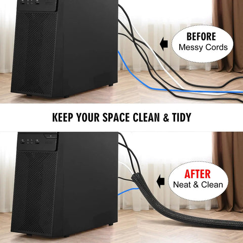No Sweat 10 Foot 1/2 Inch Black Cable Sleeve Split Wire Loom Tubing for Quick Cord Management before and after tidy installation.