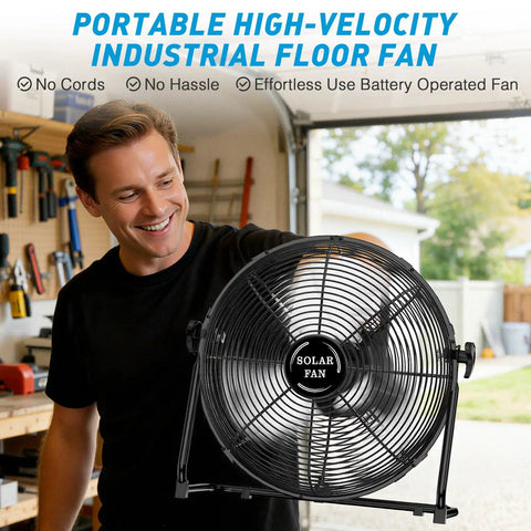 Person holding 18 Inch Solar Powered Outdoor Fan With 40W Panel And 30000mAh Battery, Cordless Floor Fan For Patio Camping