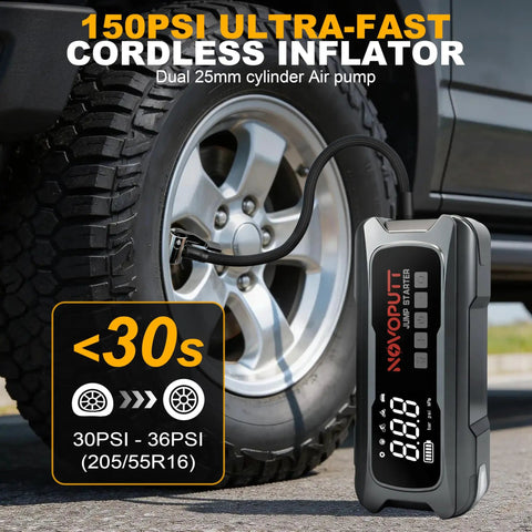 Kickstart Any Ride Smooth Today With This 6000A Auto Battery Booster And Dual Cylinder Tire Inflator showing 150PSI cordless inflator for tires.